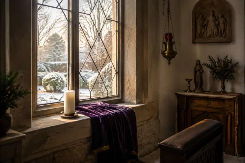 A candle burns beside a purple cloth on a chapel windowsill overlooking a snow-covered garden.