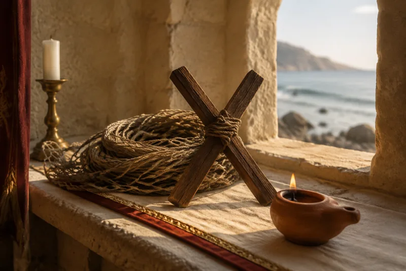 An X-shaped wooden cross rests beside fishing nets and an oil lamp on a coastal chapel sill.