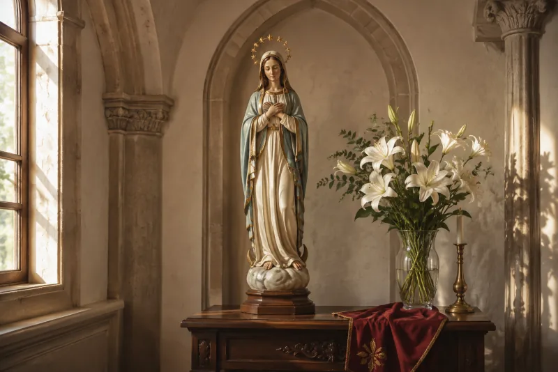 A statue of Mary in ivory and pale blue robes stands beside white lilies on a wooden chapel table.
