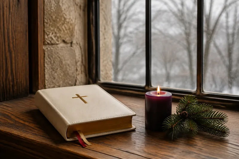 A cream prayer book, purple candle, and evergreen sprig rest on a winter windowsill.