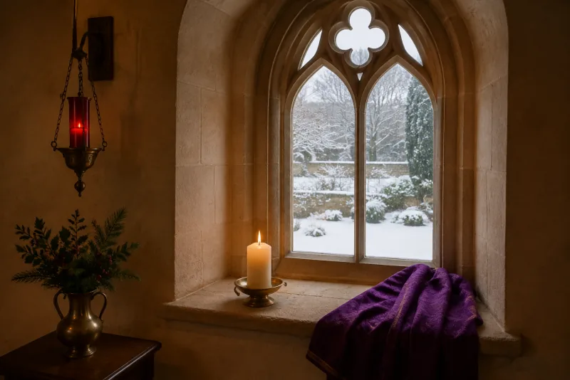 A candle burns beside purple cloth on a chapel windowsill overlooking a snowy garden.