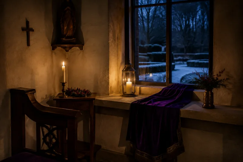 A candle lantern glows beside a deep purple cloth on a chapel windowsill overlooking a snowy garden at dusk.