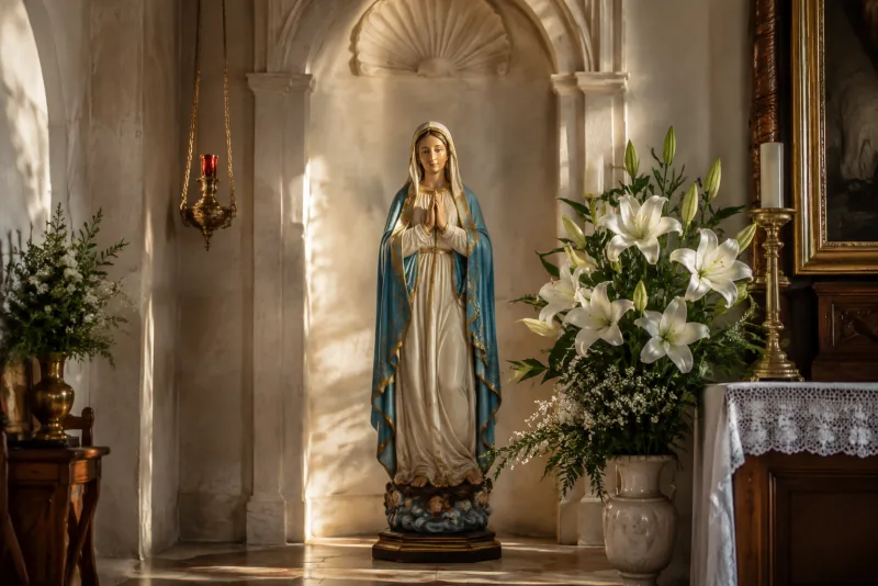 Una statua della Vergine Maria in bianco e azzurro è affiancata da gigli bianchi in una cappella luminosa.
