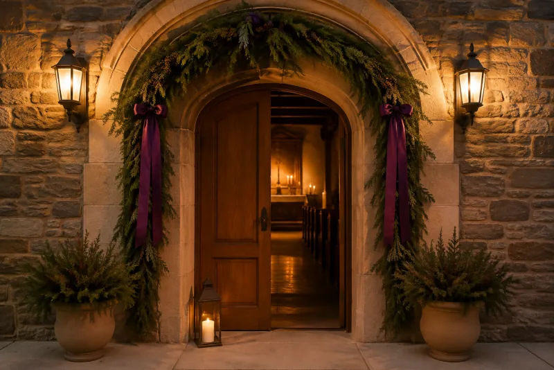 Evergreen garlands and violet ribbons frame an open stone chapel doorway lit by warm lanterns.