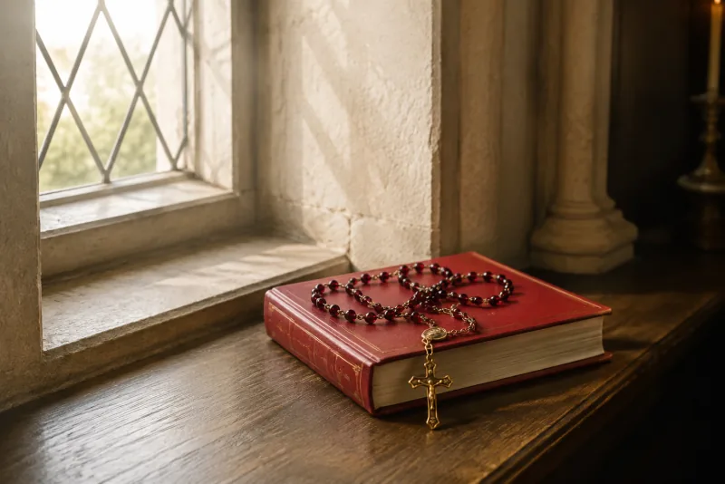 A red-bead rosary lies on a closed red prayer book beside a sunlit window.