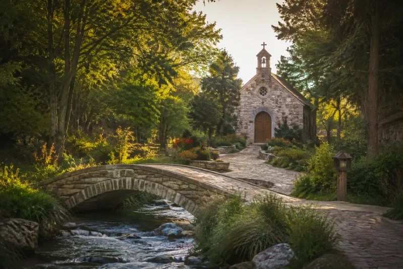 A stone footbridge crosses a clear stream on a tree-lined path to a small chapel.