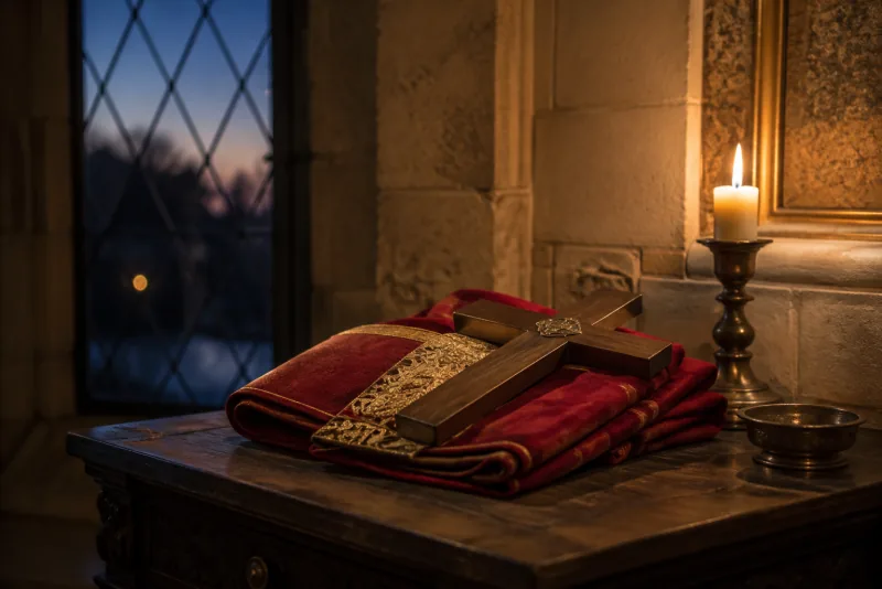A wooden cross lies on folded deep-red cloth beside a lit candle near a window at dusk.