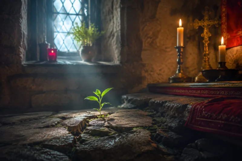 A small green seedling grows between weathered stones in a chapel lit by window light and candles.