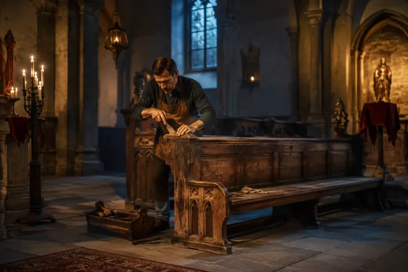 A craftsperson restores the carved end of a wooden church pew by candlelight.