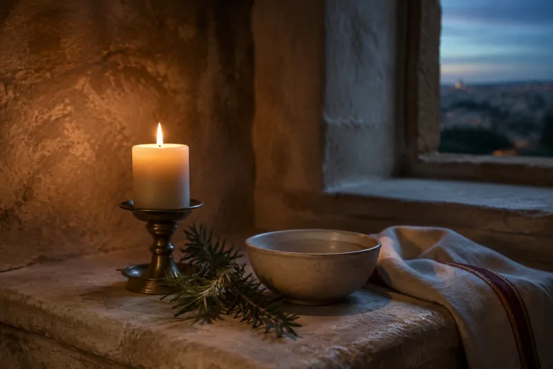 A lit candle, rosemary sprigs and a plain ceramic bowl sit on a stone ledge beside an evening window.