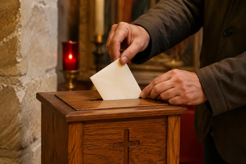 Hands place a sealed envelope into a wooden offering box marked with a cross.