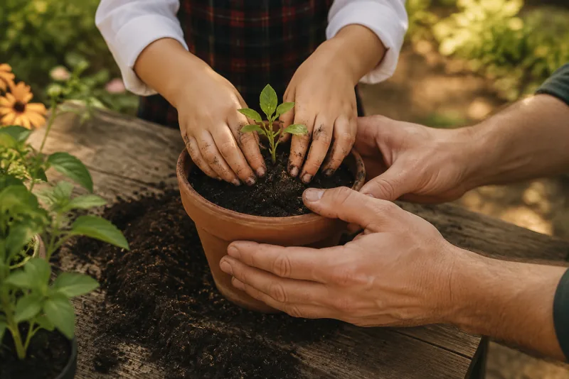 A child plants a green seedling while an adult steadies the terracotta pot.