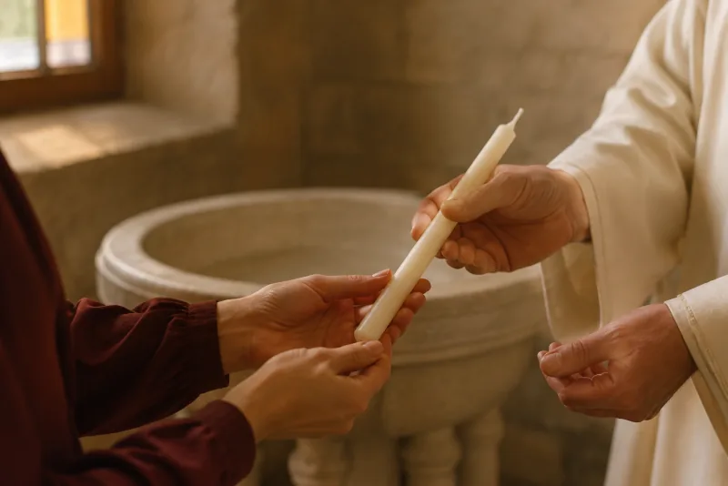 An adult receives an unlit ivory taper from a minister beside a stone baptismal font.