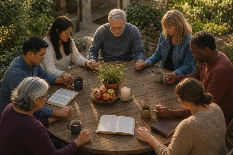 Neighbors of different generations join in prayer around a circular outdoor table.