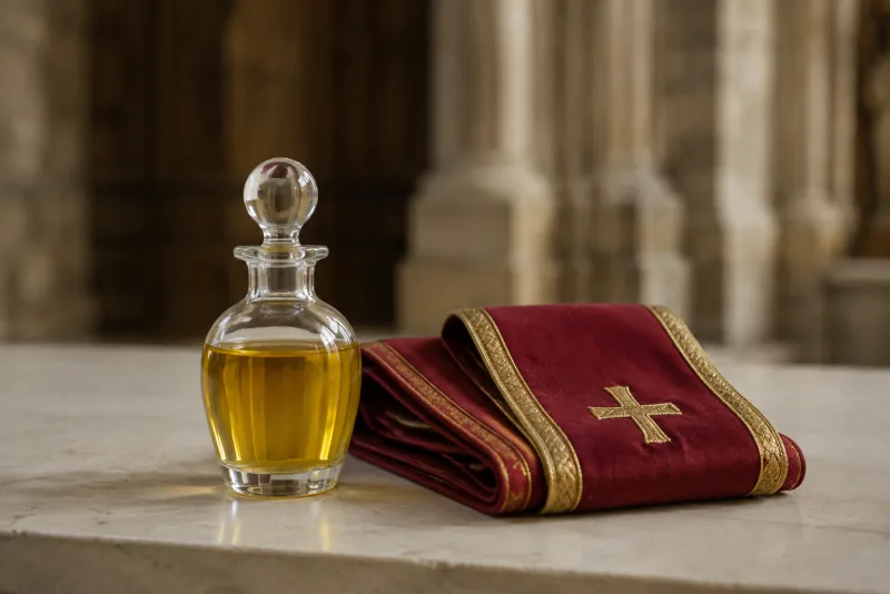 A glass vessel of golden chrism oil sits beside a folded red and gold stole.