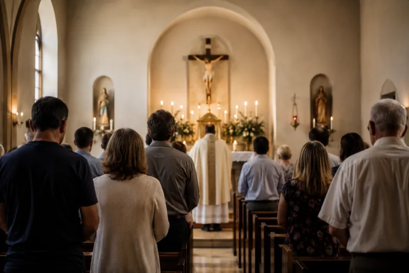 Adults stand together in prayer, seen from behind in a softly lit Catholic chapel.