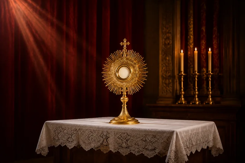 A golden monstrance holding a white host stands on linen before a deep red church backdrop.
