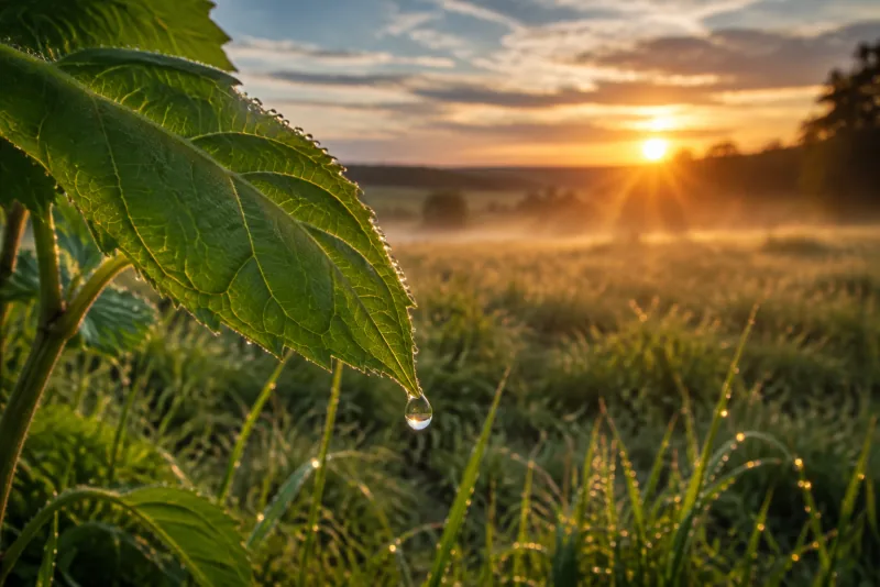 A dewdrop rests on a green leaf above a meadow glowing in sunrise.