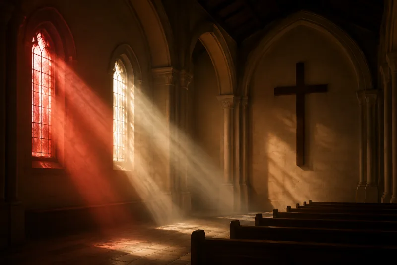 Red and pale sunlight streams through church windows beside a plain wooden cross.