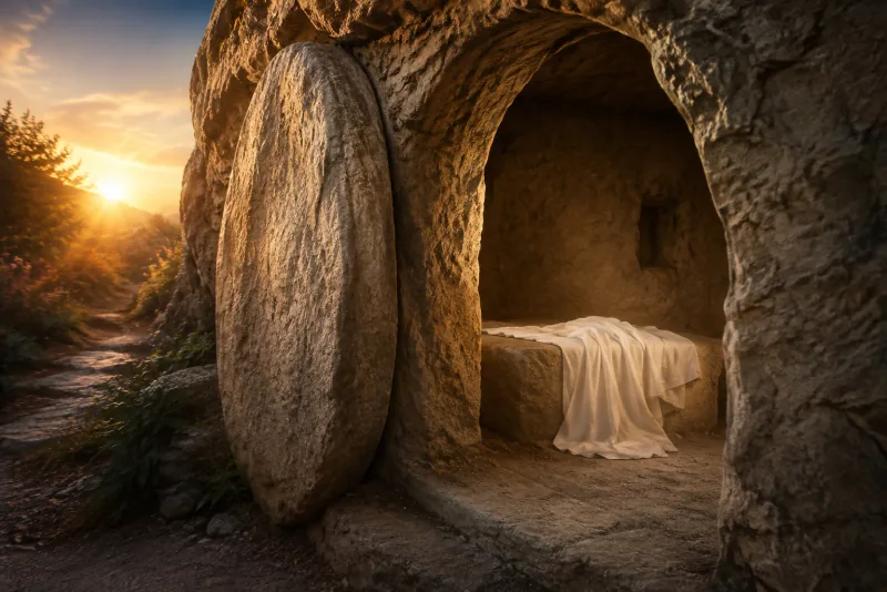 Dawn light reaches an open rock tomb with white linen lying on the stone bench inside.