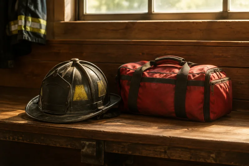 A plain firefighter helmet and first-aid bag rest on a station bench.