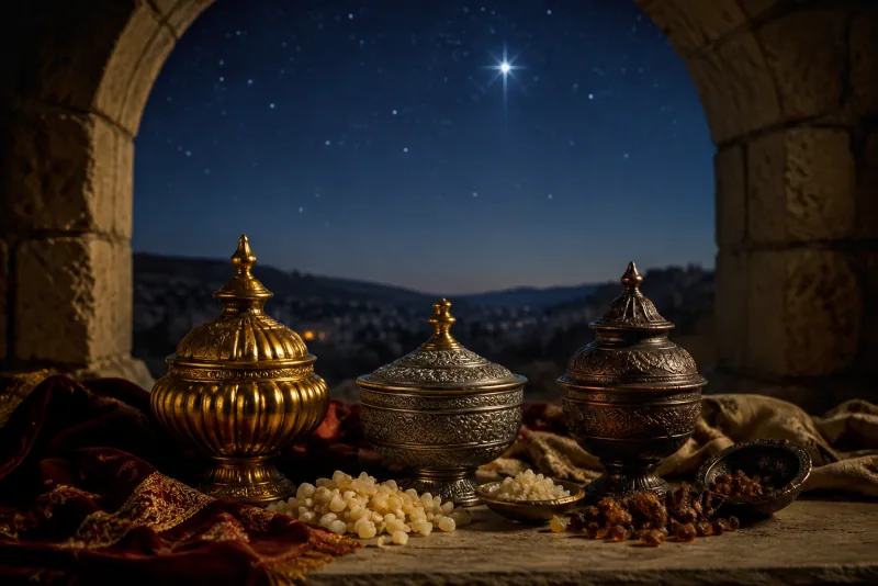 Three ornate gift vessels and aromatic resins sit below a starry sky framed by a stone arch.