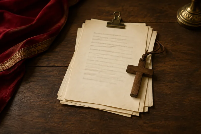 Cream prayer sheets held by a brass clip rest beside a small wooden cross on a dark desk.