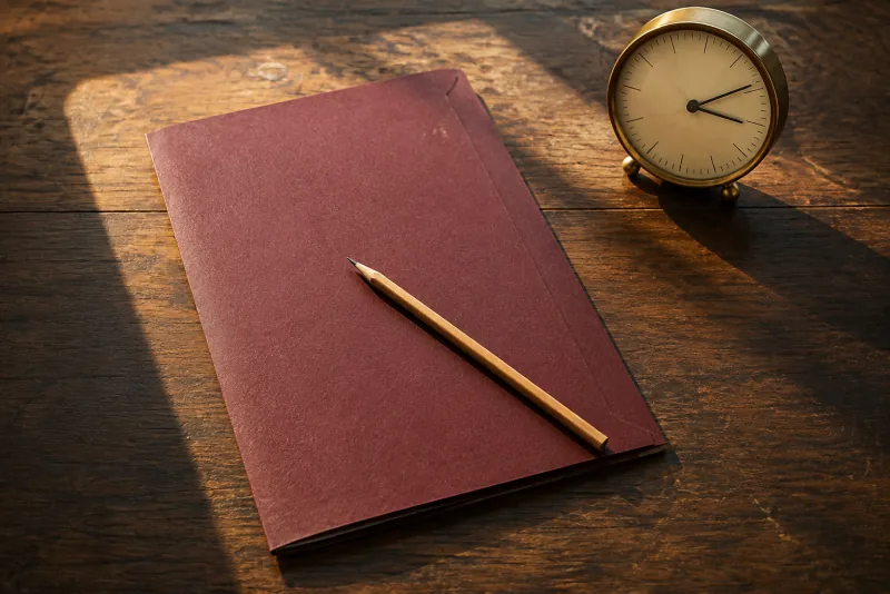 A pencil lies across a plain burgundy folder beside a brass analog clock on a sunlit desk.