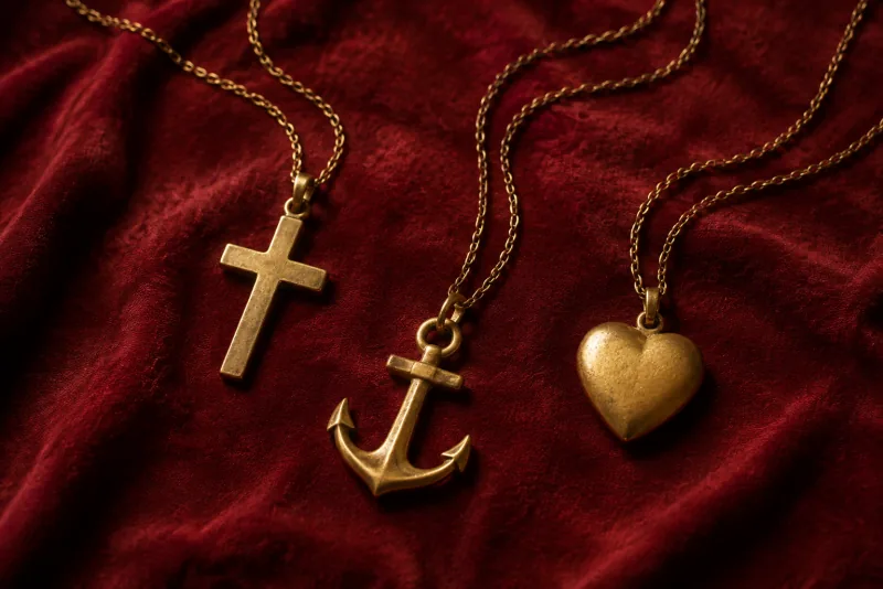 Gold cross, anchor and heart pendants lie on dark-red cloth.