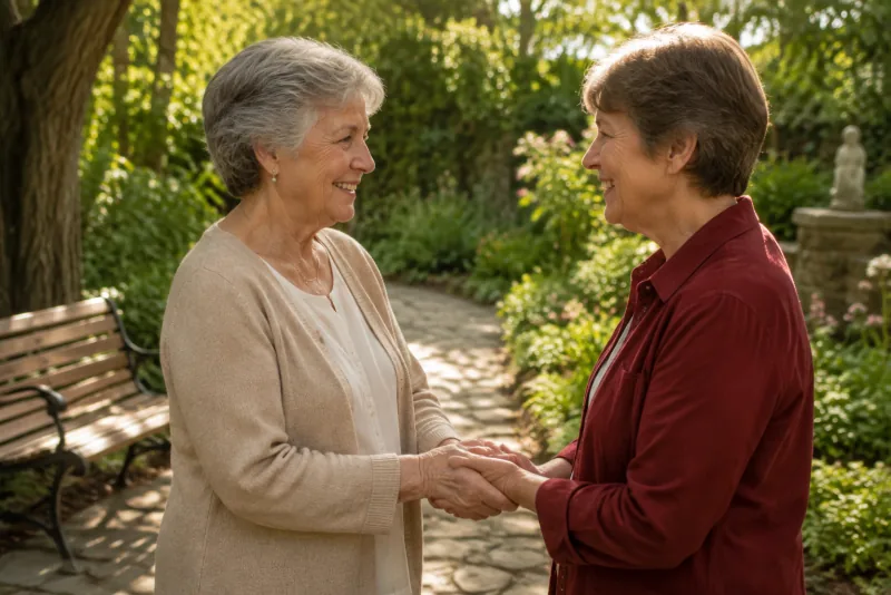 Two older friends clasp hands in greeting in a peaceful garden.