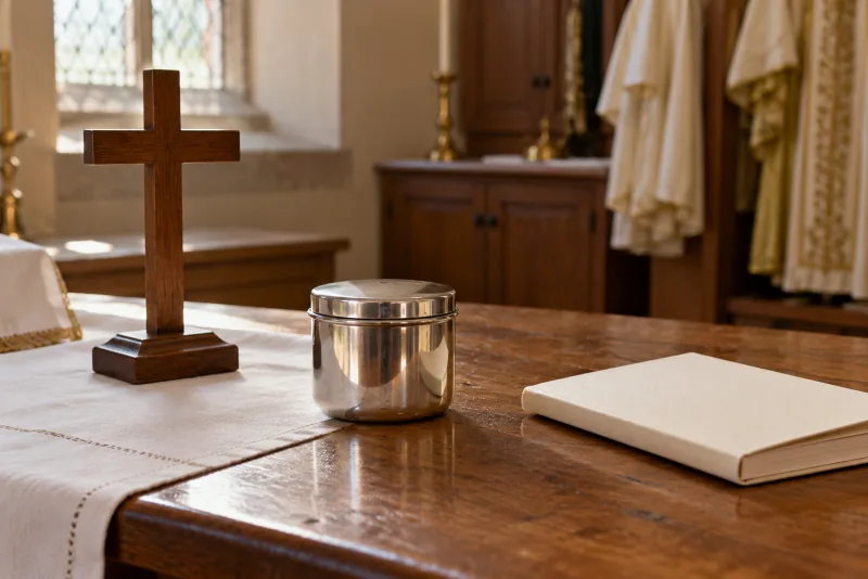 Un récipient à saint chrême fermé, une croix et un livre de prière dans une sacristie.