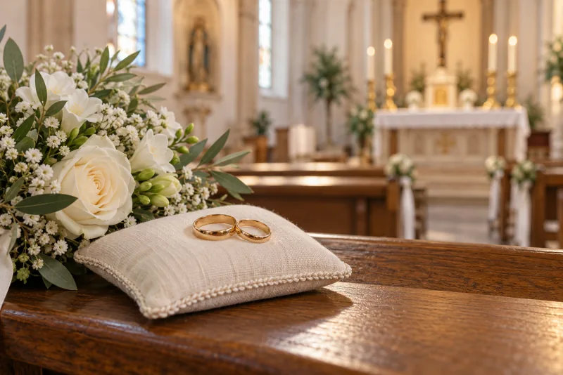 Deux alliances en or sur un coussin de lin, près de fleurs blanches dans une église.