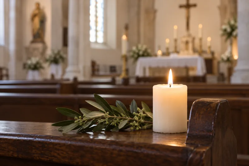 Une bougie allumée et une branche de feuillage sur un banc dans une église paisible.