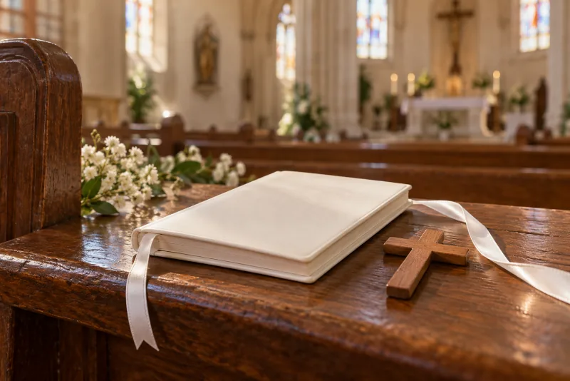 Un petit livre de prière fermé, une croix en bois et un ruban blanc sur un banc d’église.