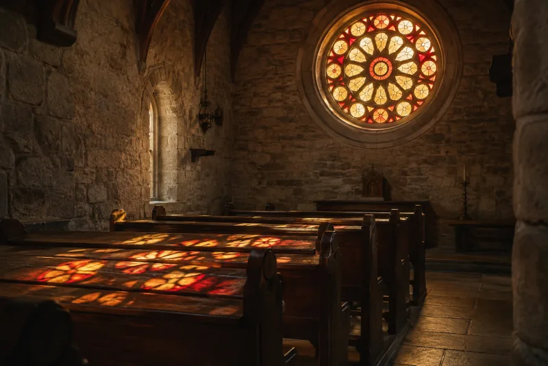 Une rosace projette des motifs rouges et dorés sur les bancs d’une chapelle en pierre.