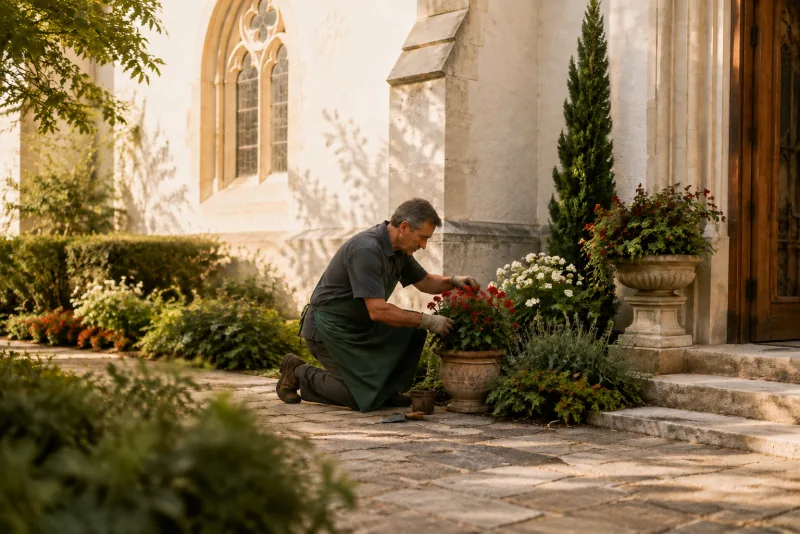 A gardener kneels beside a pot of red flowers outside a church, with a small trowel on the stone paving.
