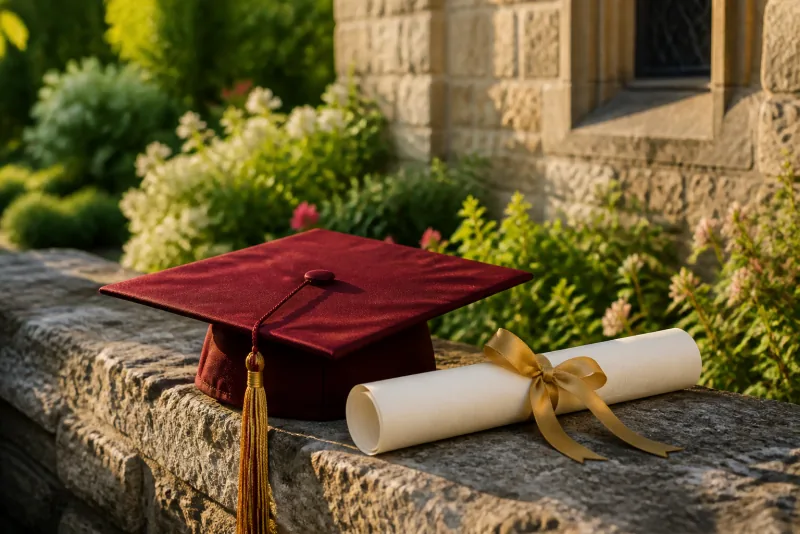 A red graduation cap and a gold-ribboned diploma rest on a stone ledge by a chapel garden.