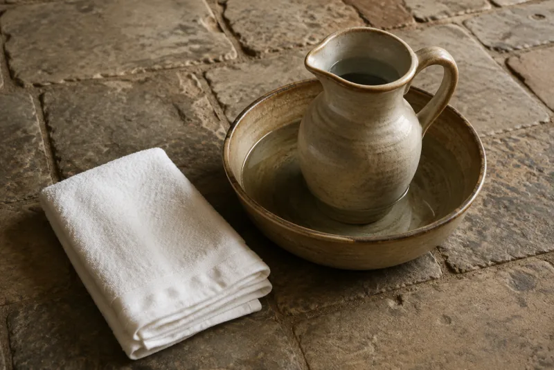 A folded white towel lies beside a ceramic water pitcher and basin on a stone floor.