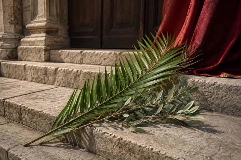 Palm fronds and an olive branch rest diagonally on sunlit stone church steps.