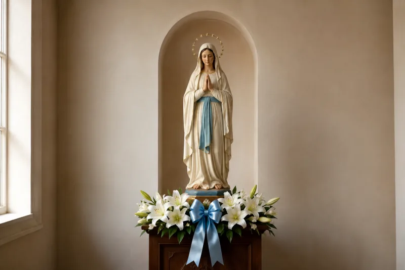 A statue of Mary with hands joined in prayer stands above white lilies and a blue ribbon.