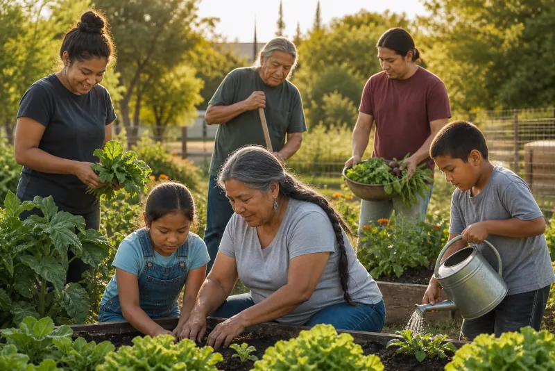 An intergenerational family tends vegetables together in a community garden.