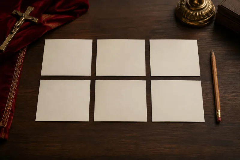 Six blank cream cards are arranged in two neat rows beside a pencil on a wooden desk.