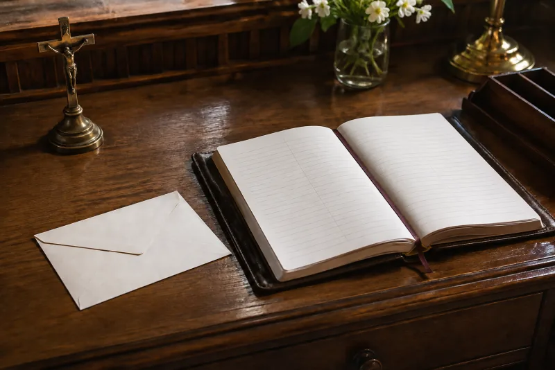 A plain cream envelope rests beside an open appointment book on a polished parish desk.
