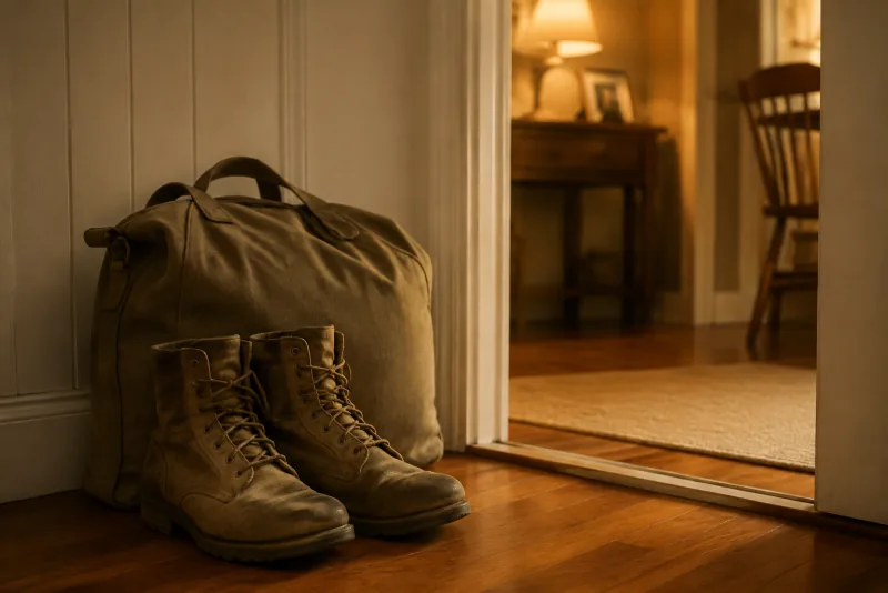 Worn boots and a closed canvas bag sit beside a warmly lit home doorway.