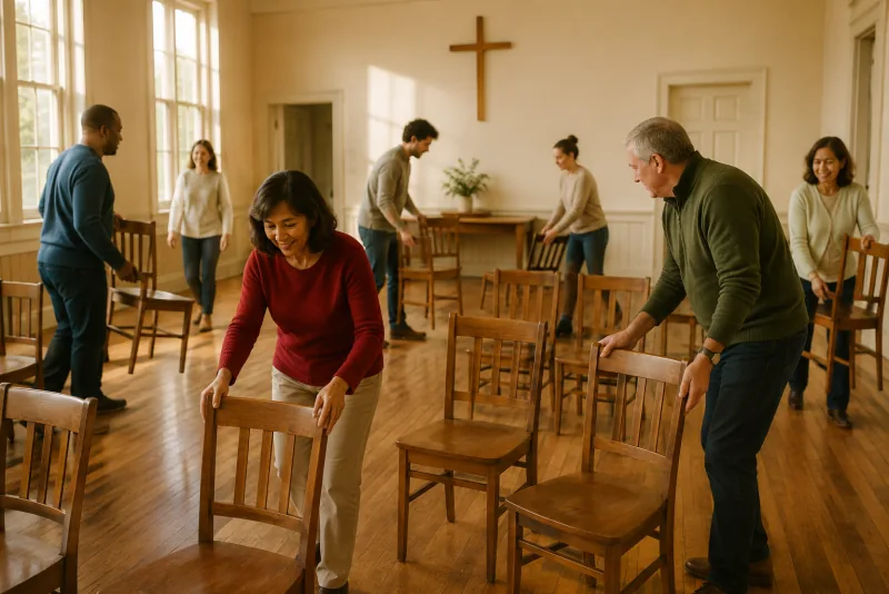 Adult parishioners arrange chairs together in a sunlit parish hall.