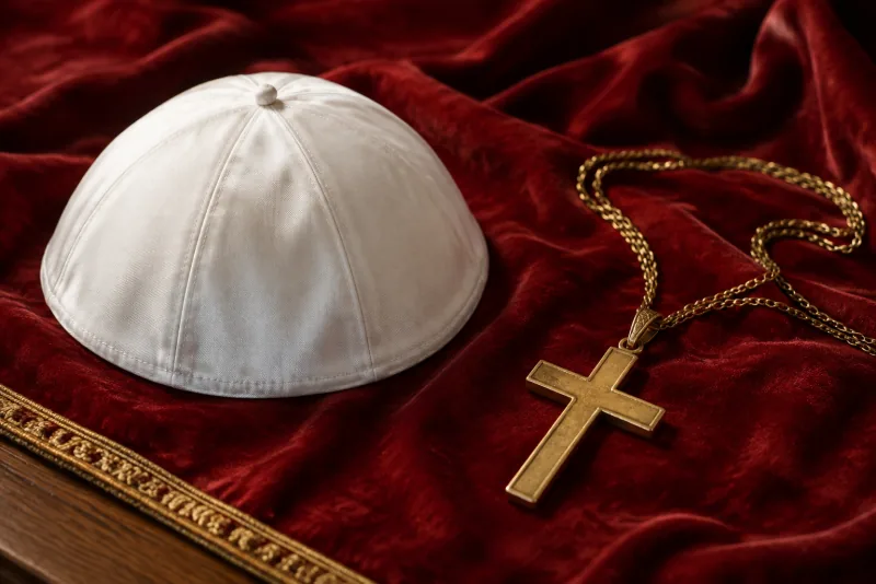 A white papal skullcap and a plain gold cross rest on deep-red velvet.