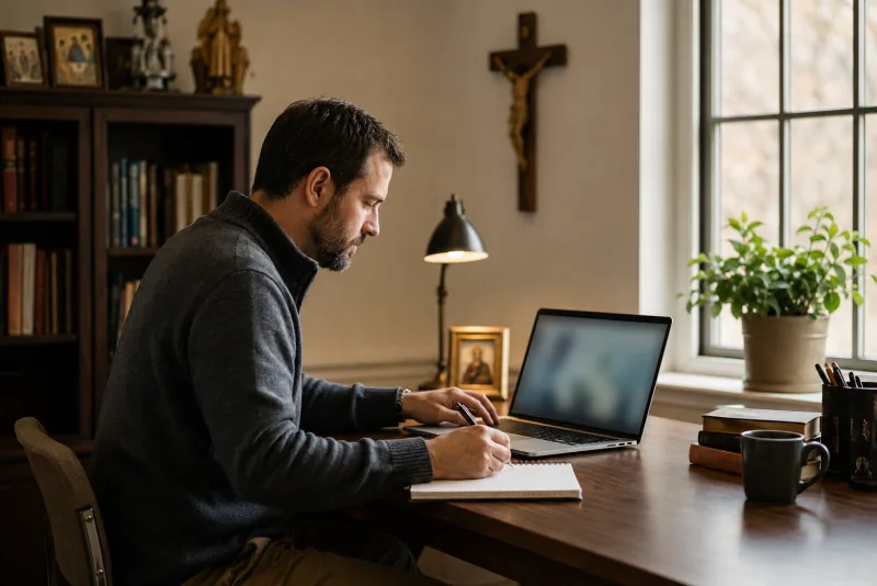 A parish volunteer makes notes beside an open laptop in a sunlit office.