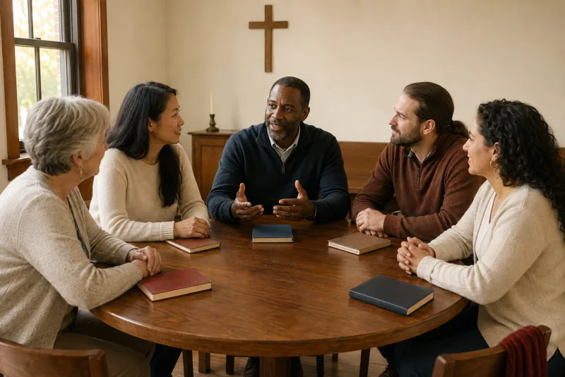 Five adult parish readers share a conversation around a round wooden table.