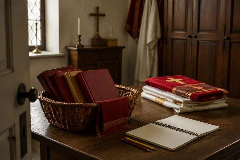 A basket of closed books sits beside a blank notebook, pencils and folded vestments in a parish preparation room.