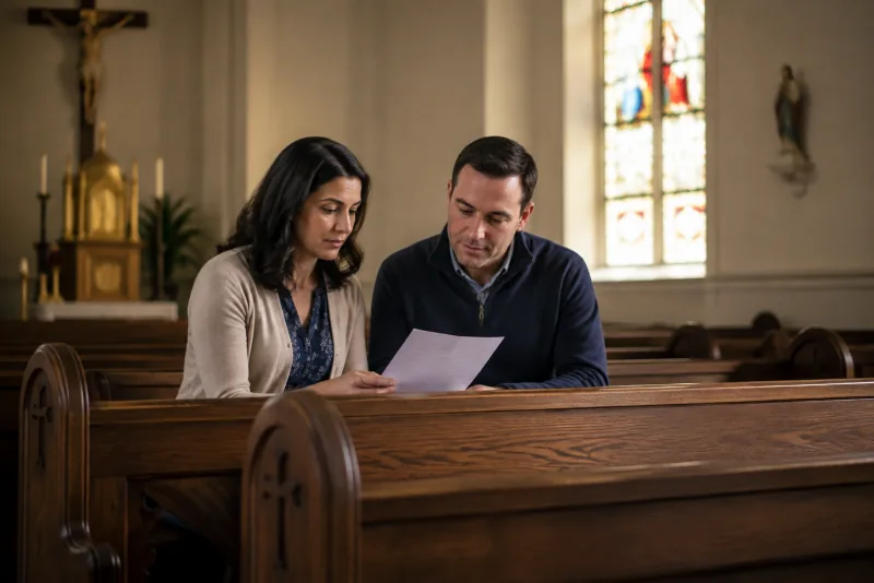 Two parish readers review a single sheet together while seated in a wooden church pew.